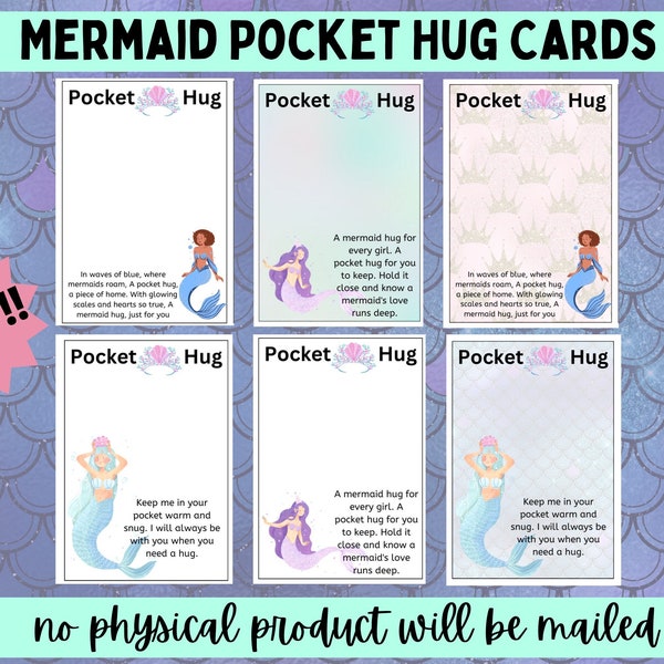 3 Mermaid Pocket Hug Cards Printable PDF File Instant Download 3 different poems different backgrounds Crochet Business craft vendor