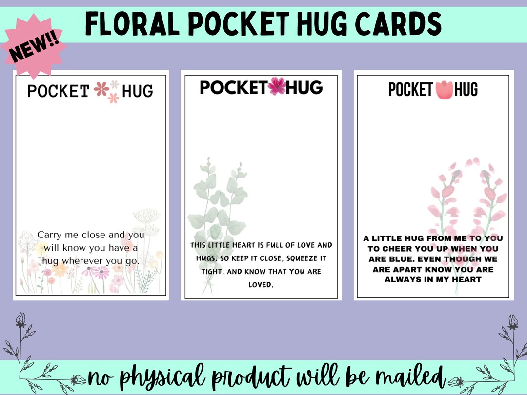 3 Floral Pocket Hug Cards Printable PDF File Instant Download 3 ...