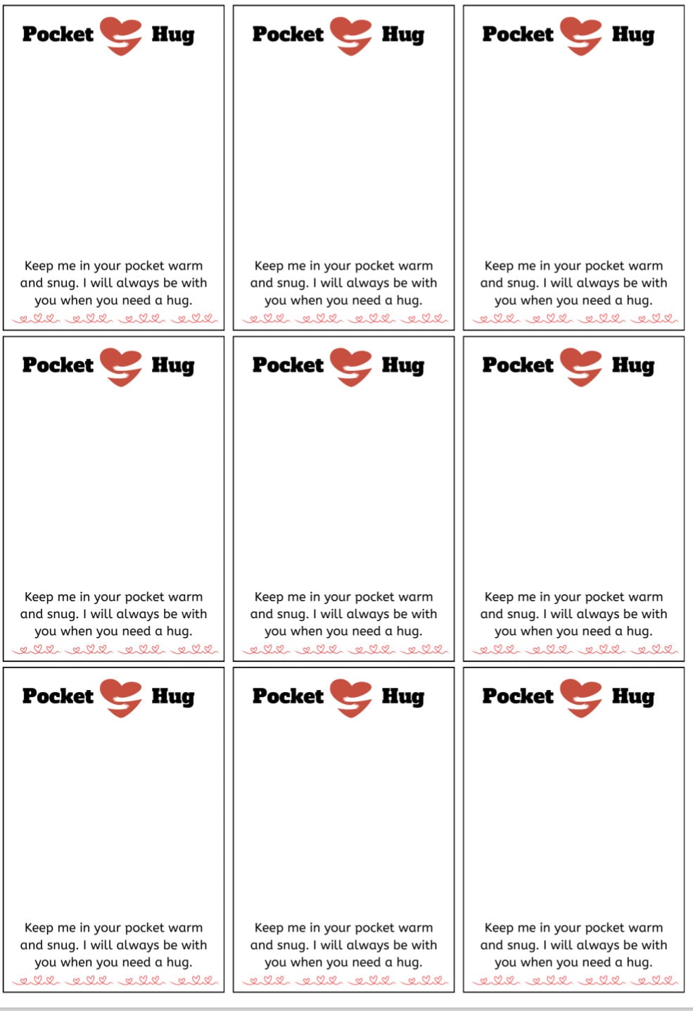3 Pocket Hug Cards SET 2 Printable PDF File Instant Download 3 ...