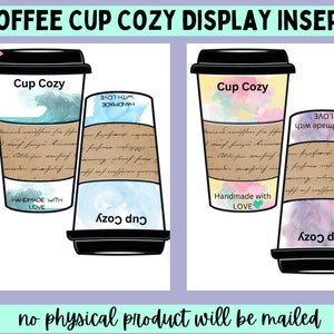 4 watercolor cup cozy display cards, cup Cozy printable template, coffee cup sleeve inserts, product tag crochet vendor business printables
