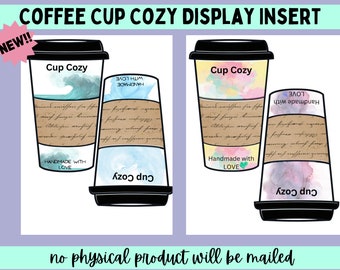 4 watercolor cup cozy display cards, cup Cozy printable template, coffee cup sleeve inserts, product tag crochet vendor business printables