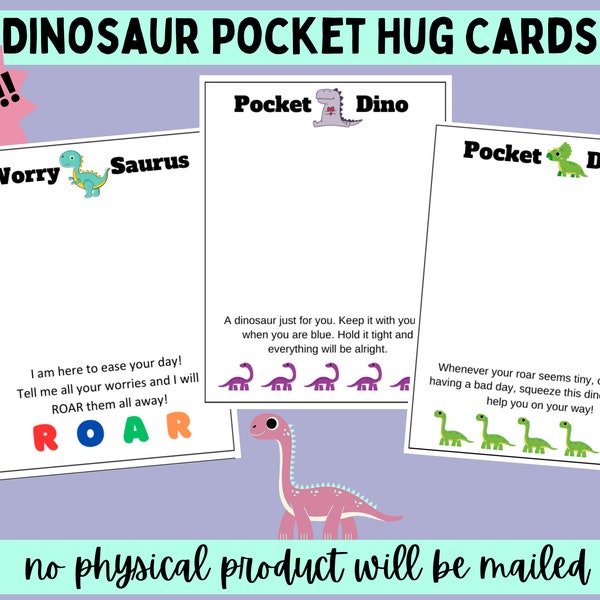 3 Dinosaur Pocket Hug Cards Printable PDF File Instant Download 3 different poems Crochet Business printables Craft Vendor Resin Designs