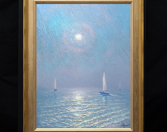 Original oil on canvas Impasto painting, Hand-painted seascape, Modern impressionism, Nautical, Sailboats, Ocean, Sea