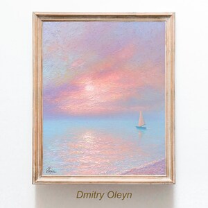 May include: Oil painting of a seascape with a sailboat under a pastel sky. The artwork features a wooden frame and the artist's signature. The painting's colors include shades of pink, blue, and white, creating a serene atmosphere. The artist's name is Dmitry Oleyn.
