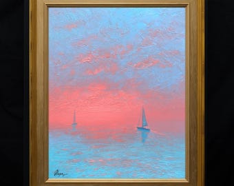 Original oil on canvas Impasto painting, Hand-painted seascape, Modern impressionism, Nautical, Sailboats, Ocean, Sea