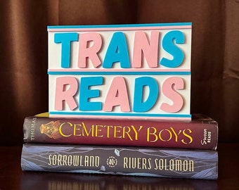 Trans Reads Shelf Bookshelf Sign Display Transgender Flag Pink Blue White Colors Queer Pride Decor Modular Stacking