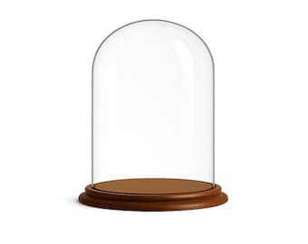Könnte beinhalten: Eine klare Glasglocke mit einer glatten, abgerundeten Oberseite, die auf einem kreisförmigen, polierten, mittelbraunen Holzsockel ruht. Die transparente Glasabdeckung zeichnet sich durch ein schlichtes Design aus und dient als Schutzhülle.