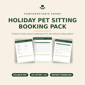 Könnte beinhalten: Ein digitales Urlaubs-Haustierbetreuungs-Buchungspaket von Pawformstudio Goods mit drei ausfüllbaren Formularen für Tiersitter und Gassi-Geher. Die Dokumente umfassen ein Buchungsanfrageformular, einen Verfügbarkeitskalender und ein Leistungsverzeichnis.
