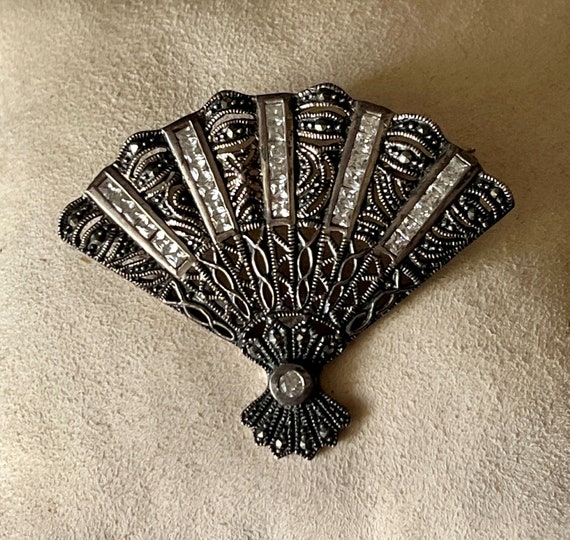 Victorian Fan Sterling Silver & Marcasite - Pin o… - image 5