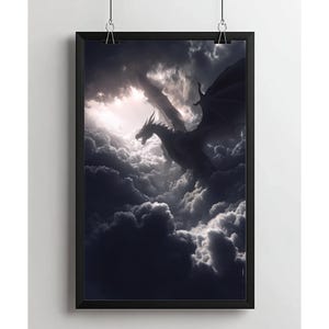 May include: A framed print featuring a dragon soaring through a cloudy sky. The dragon is silhouetted against a bright light, with its wings spread. The artwork is predominantly dark, with shades of gray and black dominating the scene.