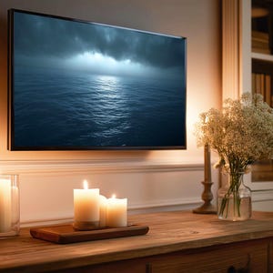 Könnte beinhalten: Ein Flachbildfernseher zeigt eine Meereslandschaft über einer Holzkonsole. Angezündete Kerzen in Glashaltern und auf einem Holztablett sorgen für warmes Licht. Eine Vase mit weißen Blumen und ein Kerzenständer stehen auf der Konsole.