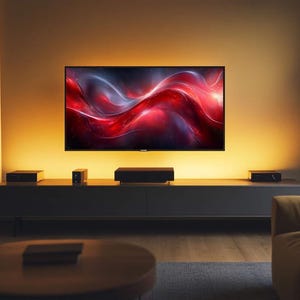 Könnte beinhalten: Modernes Wohnzimmer mit einem großen Flachbildfernseher, der ein abstraktes rotes und blaues Design zeigt. Der Fernseher ist an einer neutralen Wand montiert, mit Umgebungslicht, das eine warme Atmosphäre schafft. Eine niedrige Konsole beherbergt Audiogeräte.
