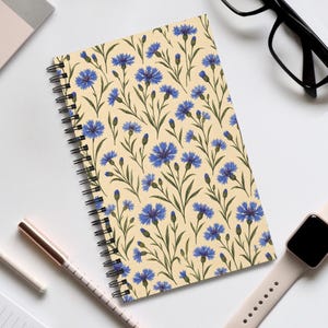 Blue Cornflower Spiral Journal, Botanical Notebook, Blank Dotgrid Lined or Task Pages