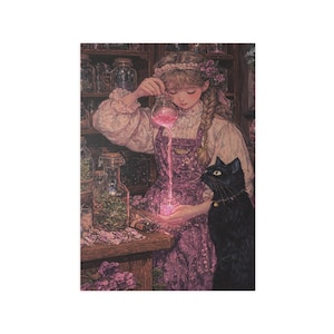 Könnte beinhalten: Illustration einer jungen Person in einer lila Schürze, die eine rosa Flüssigkeit aus einer Glasflasche in eine andere gießt. Eine schwarze Katze mit goldenem Halsband beobachtet. Die Szene spielt in einem Raum mit Regalen voller Gläser.