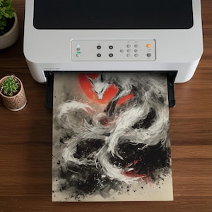 White Fox Spirit Poster - Japanese Ink Art Kitsune with Red Sun - Zen Mythical Animal Print - Instant Download