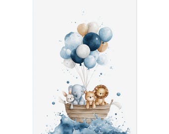 Animal Balloon Boat Poster - Cute Nursery Wall Art - Watercolor Safari Animals - Baby Kids Room Decor