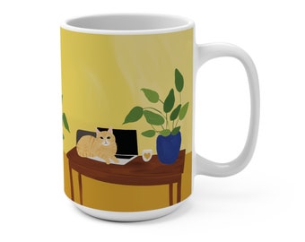 Computer Cat Mug - Office Cat Mug - Cat On Desk Mug - Yellow Cat Mug - Cat On Desk Mug - Modern Cat Mug