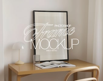 DIN A Black Frame Mockup Photoshop Template in Home Office Interior Scene | A1 Wall Art PSD Template for Art and Prints Display