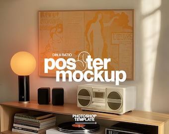 May include: A poster mockup with a vintage aesthetic, featuring a framed orange and beige artwork. A white boombox, black speakers, and a record player are on a wooden shelf. The text "poster mockup" is prominently displayed.