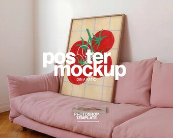 DIN A Angled Poster Mockup for Photoshop: Vertical Frame Template on Pink Couch (Digital Download)