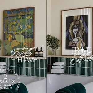 May include: Two bathroom interior design mockups featuring a bathtub, green tile, and a framed artwork. The artwork on the left is a full frame print of a painting of a vine with leaves and fruit. The artwork on the right is a framed print of a painting of a vase with a flower and a draped cloth. The text "Full Frame" is written in white on the left image and the text "Frame with Mat" is written in white on the right image.