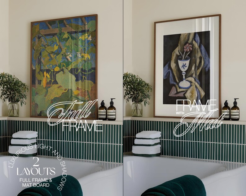 May include: Two bathroom interior design mockups featuring a bathtub, green tile, and a framed artwork. The artwork on the left is a full frame print of a painting of a vine with leaves and fruit. The artwork on the right is a framed print of a painting of a vase with a flower and a draped cloth. The text "Full Frame" is written in white on the left image and the text "Frame with Mat" is written in white on the right image.