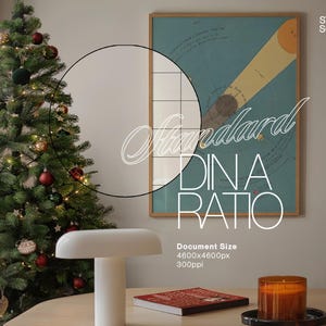 May include: A decorated Christmas tree with red and gold ornaments, a white table lamp, a book, and a candle on a wooden table. The text "Standard DIN A Ratio" is written in white on a black background. The text "Document Size 4600x4600px 300ppi" is written in black on a white background.