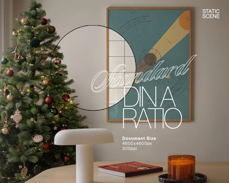 May include: A decorated Christmas tree with red and gold ornaments, a white table lamp, a book, and a candle on a wooden table. The text "Standard DIN A Ratio" is written in white on a black background. The text "Document Size 4600x4600px 300ppi" is written in black on a white background.