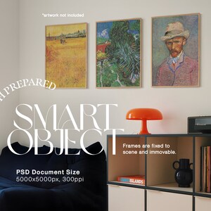 May include: A mockup of a living room interior with two framed paintings and a shelf with a record player, a lamp, and a vase. The text "WITH PREPARED SMART OBJECT" is visible in the image. The text "Frames are fixed to scene and immovable." is also visible. The text "PSD Document Size 5000x5000px, 300ppi" is visible. The text "ISLANDS" is visible on a book on the shelf.