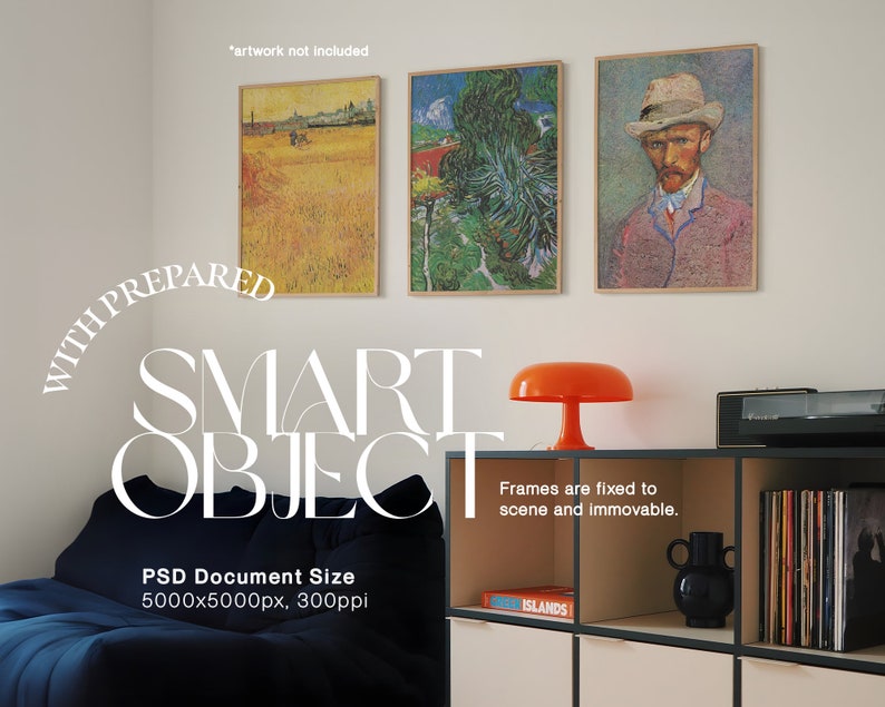 May include: A mockup of a living room interior with two framed paintings and a shelf with a record player, a lamp, and a vase. The text "WITH PREPARED SMART OBJECT" is visible in the image. The text "Frames are fixed to scene and immovable." is also visible. The text "PSD Document Size 5000x5000px, 300ppi" is visible. The text "ISLANDS" is visible on a book on the shelf.