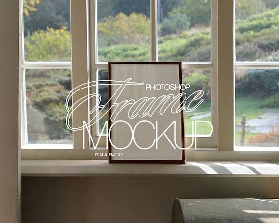 A4 Frame Mockup Photoshop Template for Art and Prints in Windowsill Countryside Scene | ISO Frame PSD Mockup Idyllic Nature Backdrop