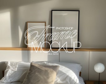 A4 and A3 Frame Photoshop Mockup in Styled Bedroom Scene | DIN A Wood and Black Frame PSD Template for Art and Printables