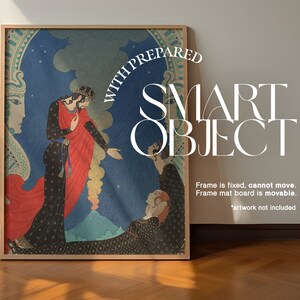 May include: A framed illustration of a woman in a red and black dress standing with a man in a black robe. The illustration is set against a blue background with stars and a volcano. The text "WITH PREPARED SMART OBJECT" is written in white on a black background.