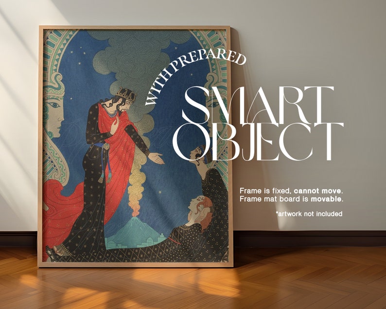 May include: A framed illustration of a woman in a red and black dress standing with a man in a black robe. The illustration is set against a blue background with stars and a volcano. The text "WITH PREPARED SMART OBJECT" is written in white on a black background.