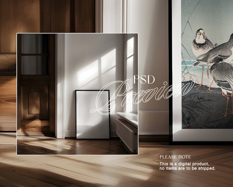 DIN A Black Photoshop Leaning Frame Mockup for Art and Prints Display A1 ISO Frame PSD Template in Sunlit Interior Scene Wall Art Mockup zdjęcie 5