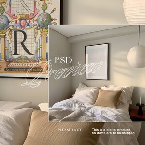 May include: A white bed with white and beige bedding, a black framed picture on the wall, and two white paper lanterns hanging from the ceiling. The text "PSD Preview" is written in white on the image.