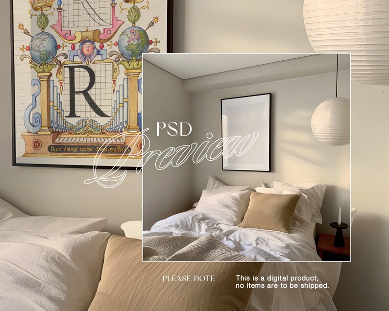 May include: A white bed with white and beige bedding, a black framed picture on the wall, and two white paper lanterns hanging from the ceiling. The text "PSD Preview" is written in white on the image.