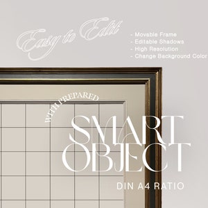 May include: A gold-framed picture mockup with a white tiled background. The text "WITH PREPARED SMART OBJECT DIN A4 RATIO" is visible in the image. The text "Easy to Edit" is written in cursive at the top of the image. The image is a digital mockup for graphic designers.