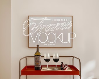 DIN A Landscape Frame Mockup Photoshop Template for Artwork and Prints Display | Frame Mockup PSD in Interior Scene with Retro Bar Cart