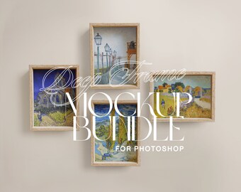 PSD Frame Mockup Bundle, Minimalist Light Wood Deep Frame Template Pack for Photoshop