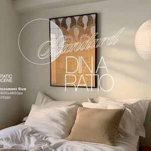 May include: A white bed with white bedding and a tan pillow. A painting hangs on the wall above the bed. The painting is of a group of women in a yellow and gold pattern. A white paper lantern hangs from the ceiling. The text "Standard Dina Ratio" is written in white on the wall.