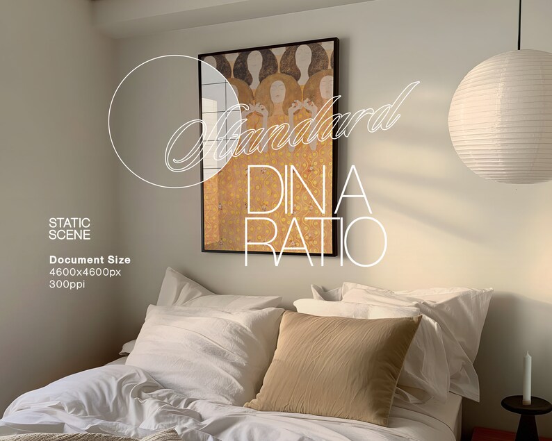 May include: A white bed with white bedding and a tan pillow. A painting hangs on the wall above the bed. The painting is of a group of women in a yellow and gold pattern. A white paper lantern hangs from the ceiling. The text "Standard Dina Ratio" is written in white on the wall.