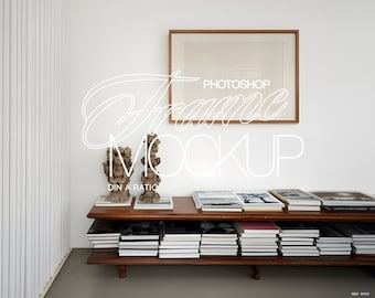 DIN A Photoshop Landscape Frame Mockup Brutalist Bohemian Interior Scene | Horizontal Frame Mockup PSD Template for Art and Prints