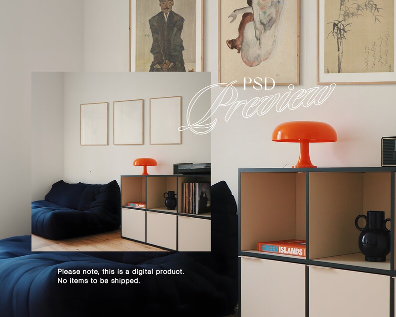 May include: A living room interior featuring a blue sofa, a wooden shelving unit with a black frame, and an orange mushroom lamp. The shelf unit displays a book titled "New Islands" and a black vase. Framed pictures adorn the wall.