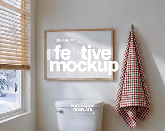 DIN A Landscape Poster Mockup for Christmas: Photoshop Frame Template Festive Bathroom Scene (Digital Download)