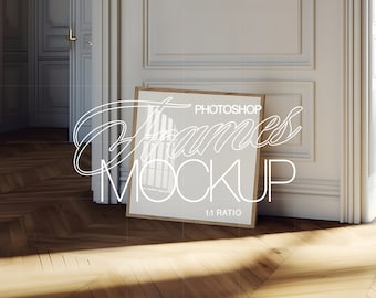 May include: A wooden frame mockup with a white background and the text "PHOTOSHOP Frames MOCKUP 1:1 RATIO" on the frame. The frame is leaning against a white wall with white trim.