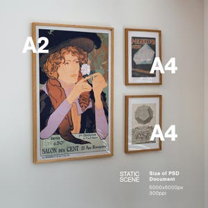 May include: Three framed art prints on a white wall. The largest, labeled A2, features a vintage illustration of a woman with a flower. Two smaller A4 prints display geometric and abstract designs. The frames are a light wood colour.
