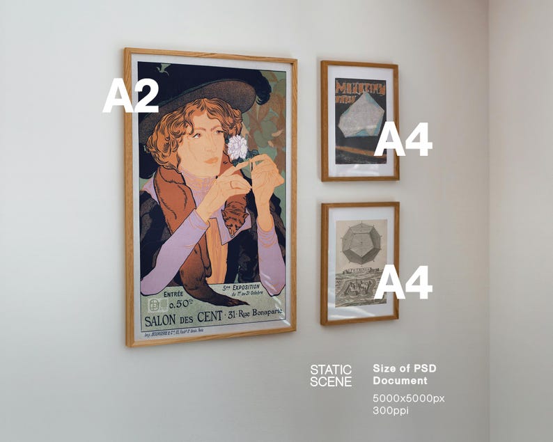 May include: Three framed art prints on a white wall. The largest, labeled A2, features a vintage illustration of a woman with a flower. Two smaller A4 prints display geometric and abstract designs. The frames are a light wood colour.