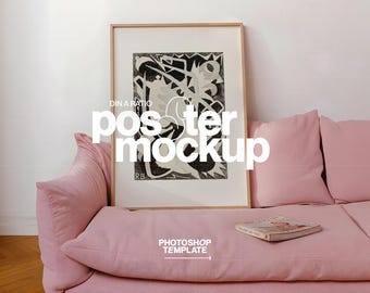 DIN A Poster Mockup for Photoshop: Vertical Frame Art Template on Pink Couch (Digital Download)