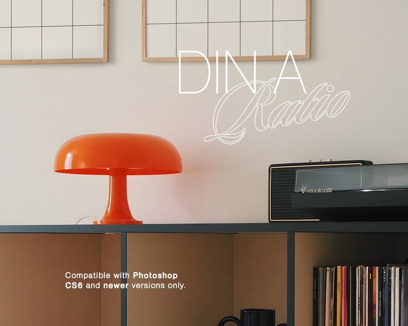 May include: A bright orange mushroom-shaped lamp sits on a black shelf with a record player and a stack of books. The text "DINA Ratio" is written in white on the wall behind the lamp. The text "Compatible with Photoshop CS6 and newer versions only." is written below the shelf.